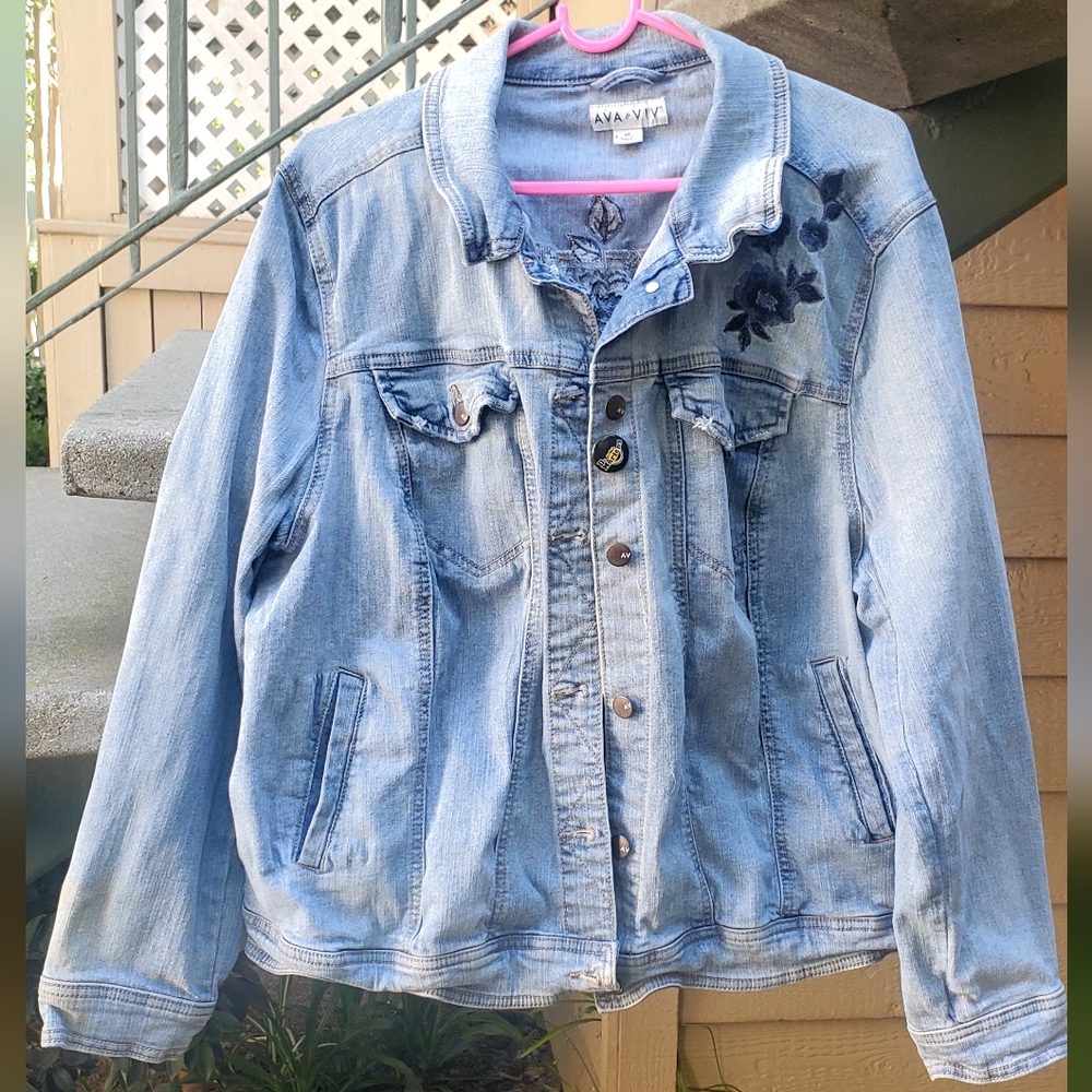 Ava & Viv Light Blue Denim Jacket with Floral Embroidery